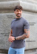 Camiseta Slim Gola Média Cinza