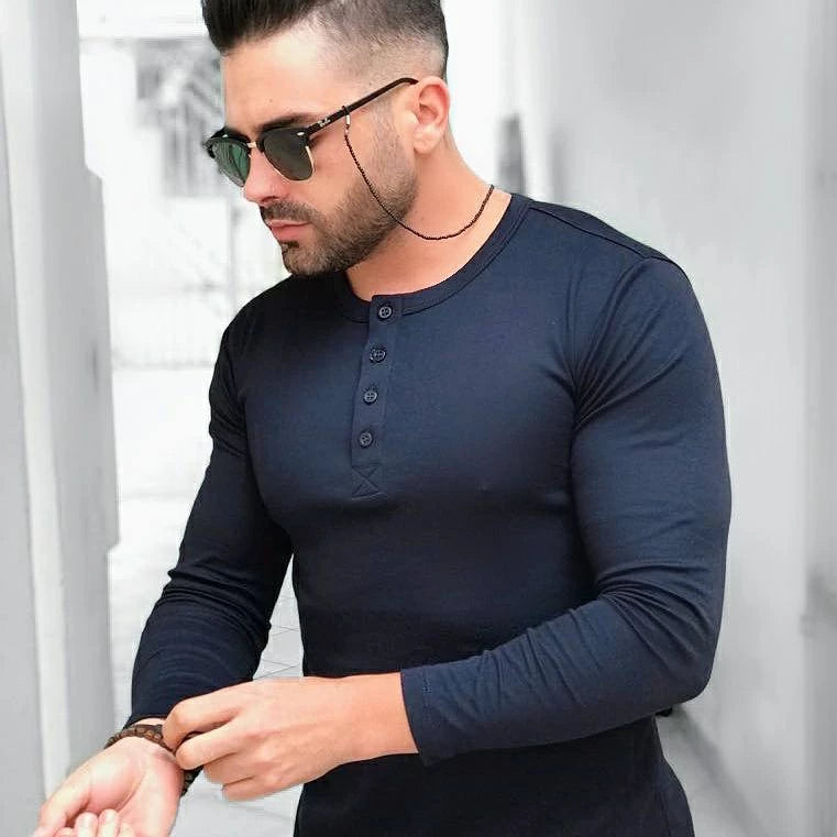 Camiseta Henley  Masculina Slim Fit Manga Longa  - Algodão Egípicio