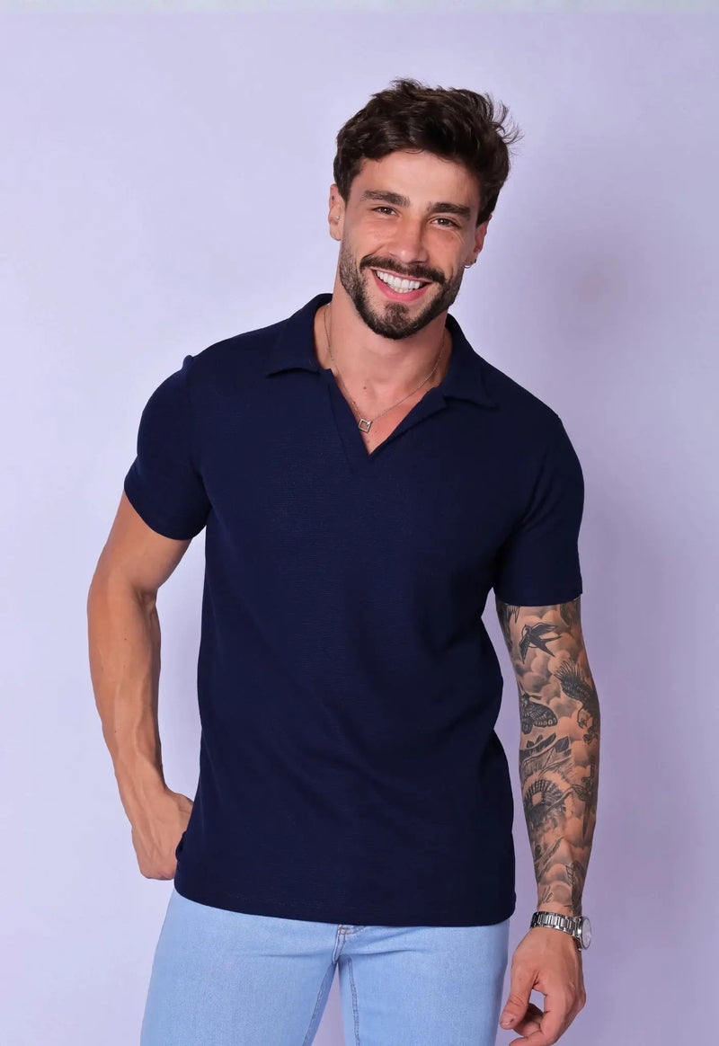 Camisa Polo Italiana Tricot Azul Marinho