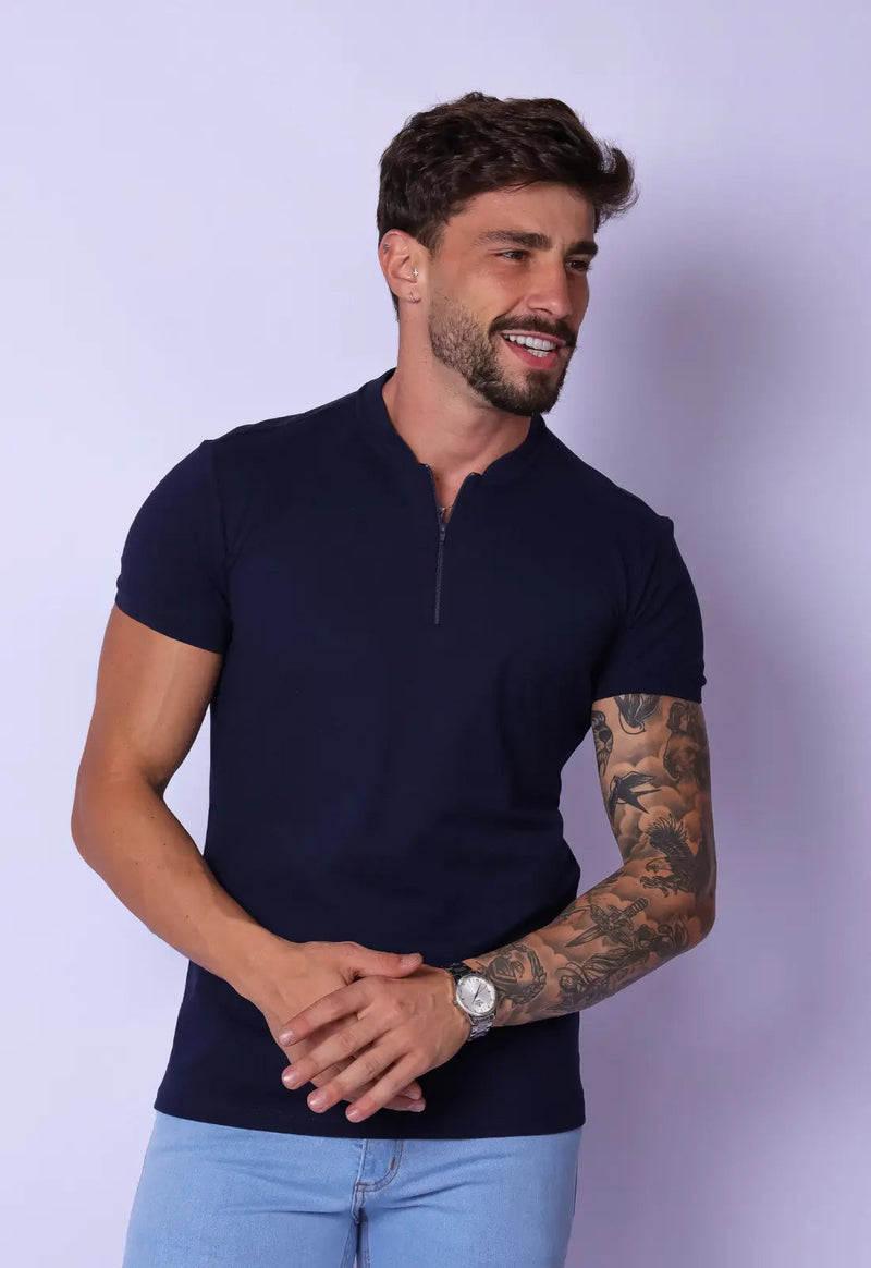 Camiseta com Zíper Azul Marinho