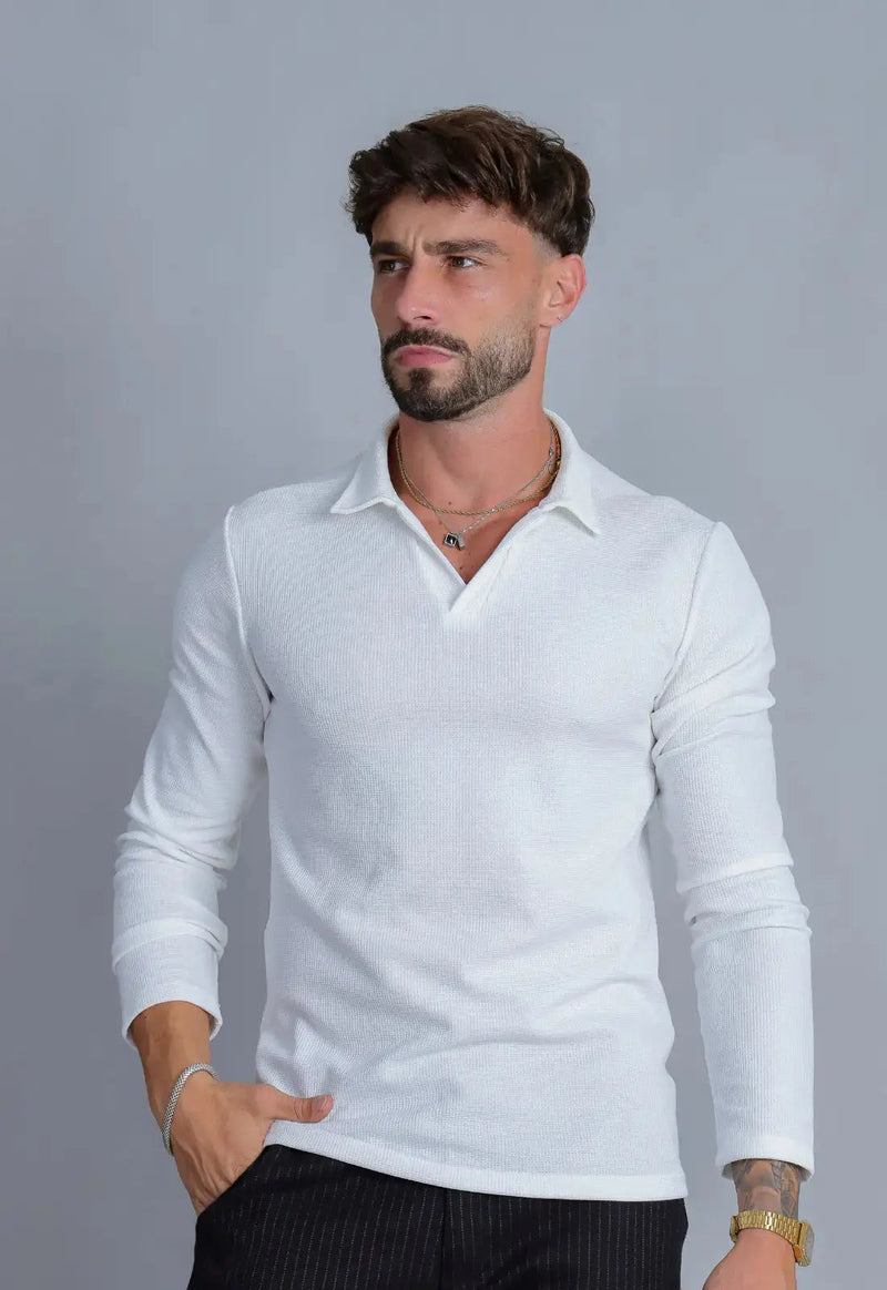 Camisa Polo Italiana Tricot Manga Longa Branca