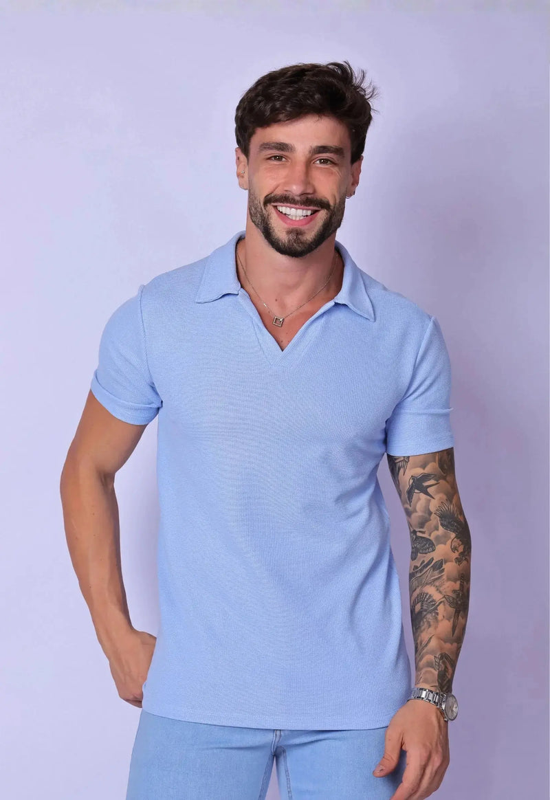 Camisa Polo Italiana Tricot Azul Claro