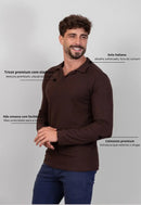 Camisa Polo Italiana Tricot Manga Longa Marrom