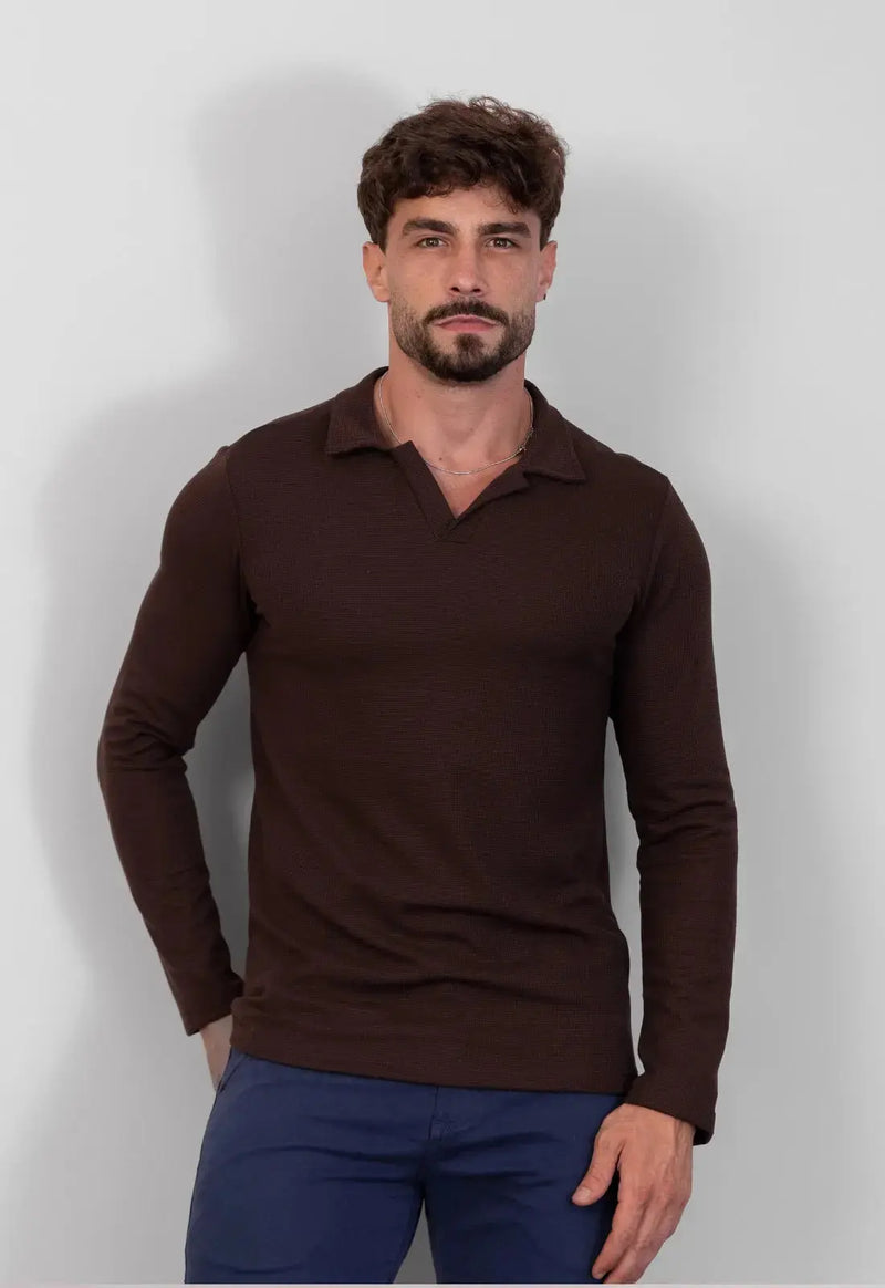 Camisa Polo Italiana Tricot Manga Longa Marrom