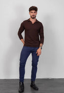 Camisa Polo Italiana Tricot Manga Longa Marrom
