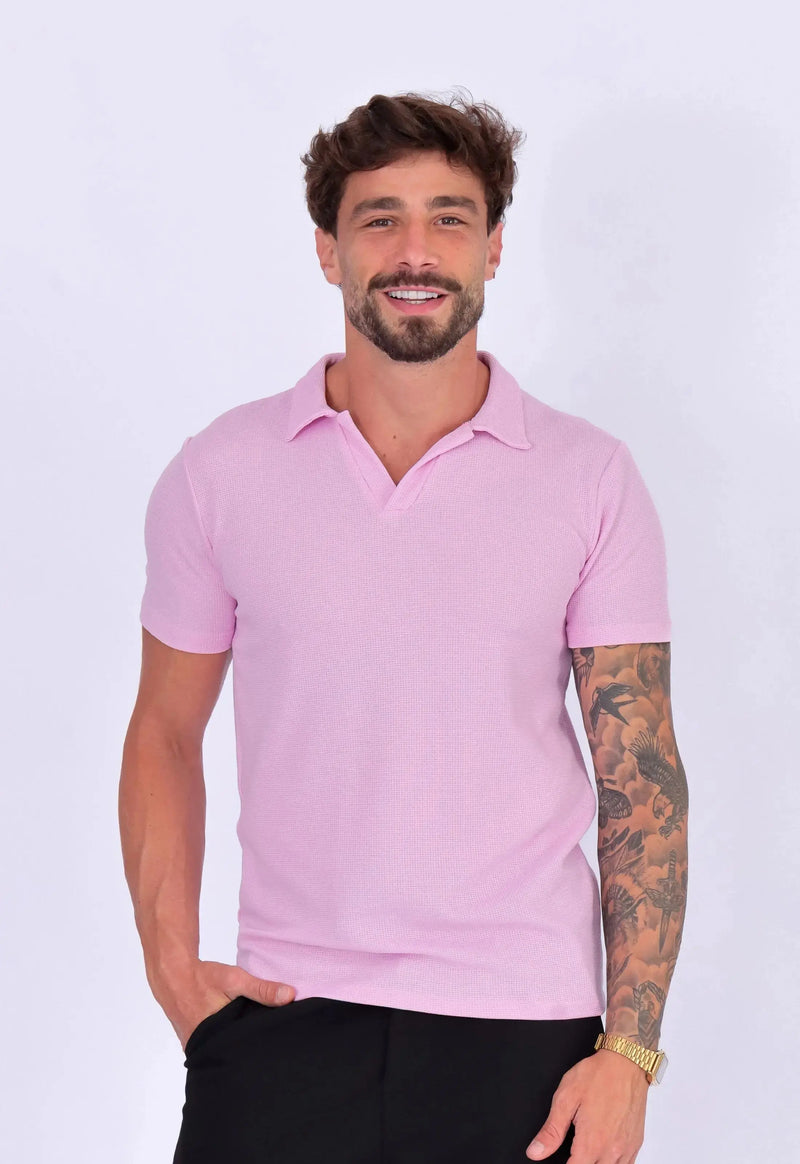 Camisa Polo Italiana Tricot Rosa Claro