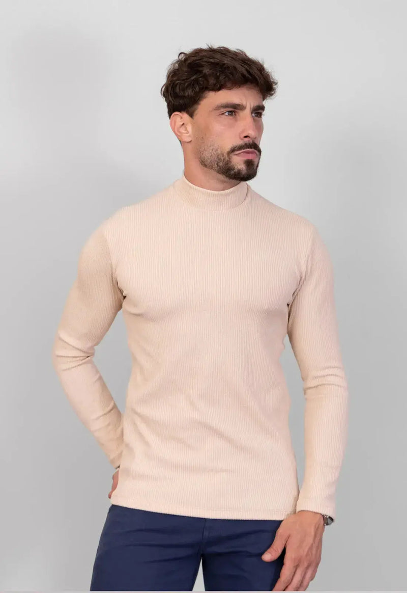 Camiseta Gola Alta Canelada Manga Longa Bege