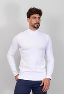 Camiseta Gola Alta Canelada Manga Longa Branco
