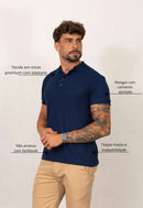 Camiseta Henley Slim Tricot com Elastano Azul Marinho