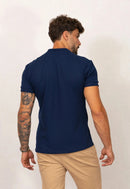 Camiseta Henley Slim Tricot com Elastano Azul Marinho