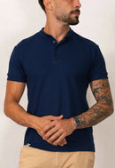 Camiseta Henley Slim Tricot com Elastano Azul Marinho