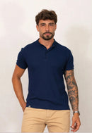Camiseta Henley Slim Tricot com Elastano Azul Marinho