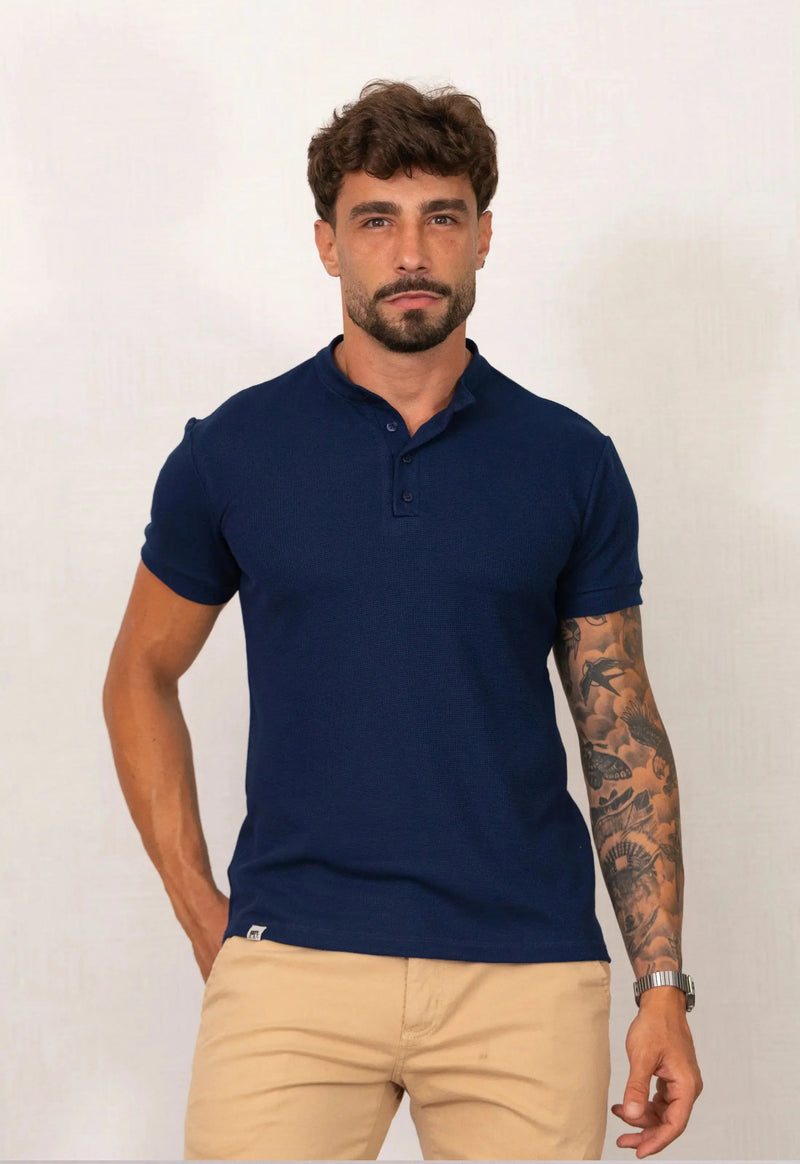 Camiseta Henley Slim Tricot com Elastano Azul Marinho