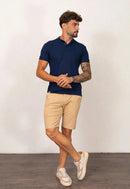 Camiseta Henley Slim Tricot com Elastano Azul Marinho