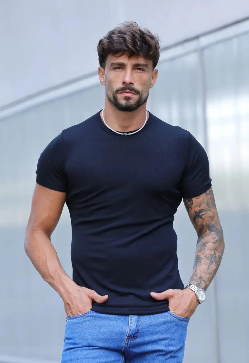 Camiseta Slim Canelada com Elastano Preto